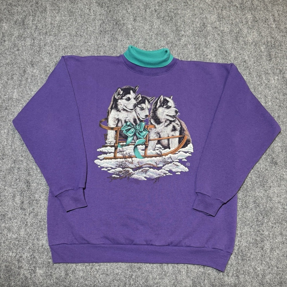 98' LSJ Sportwear Grandma Turtleneck Pullover Dog Puppies Purple Cotton Grove XL